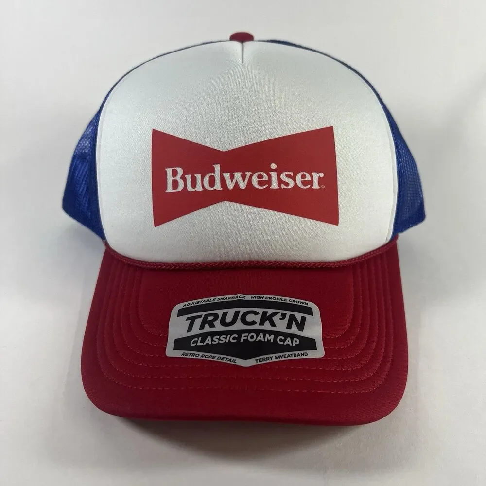Budweiser Printed Foam Trucker Hat Red/White/Blue Colorway Mesh Back Rope Cap